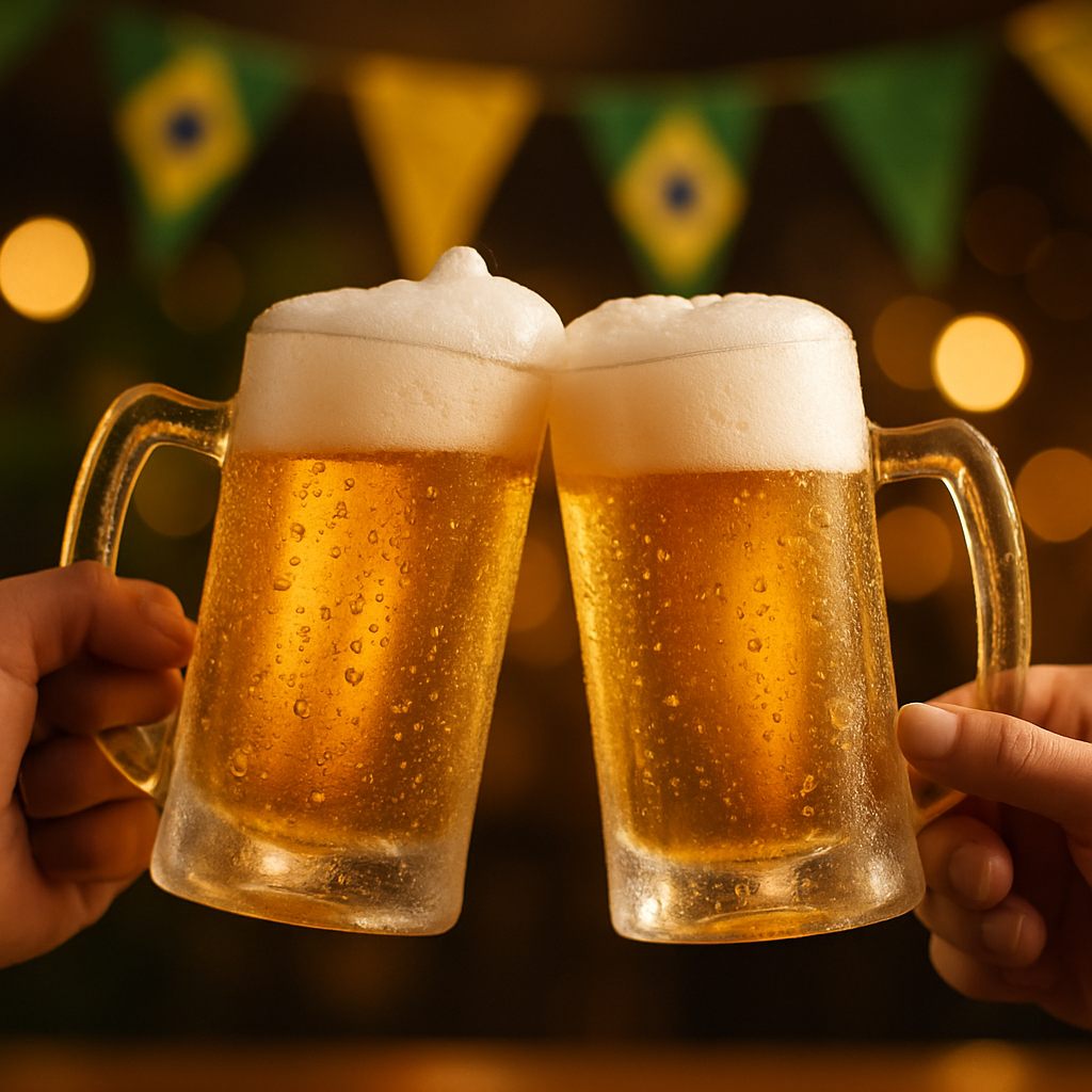 Brinde de chopps gelados com espuma cremosa e luzes quentes de bar ao fundo